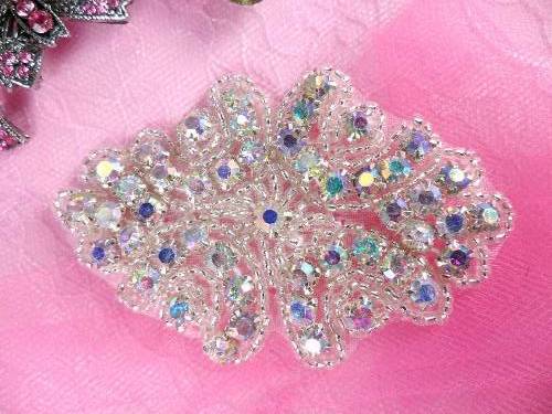 ACT/0477  Cinderella Aurora Borealis Crystal AB Rhinestone Beaded Applique 3"