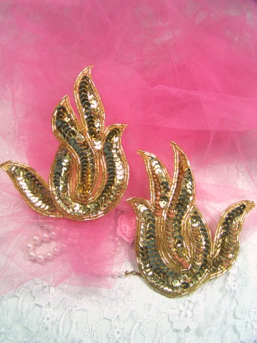 A0202 Gold Flame Mirror Pair Beaded Sequin Appliques 4.5"