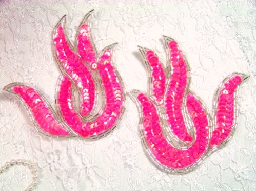 A0202 Hot Pink Silver Flame Mirror Pair Beaded Sequin Appliques 4.5"