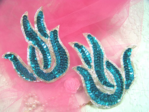 A0202 Turquoise Silver Flame Mirror Pair Beaded Sequin Appliques 4.5"