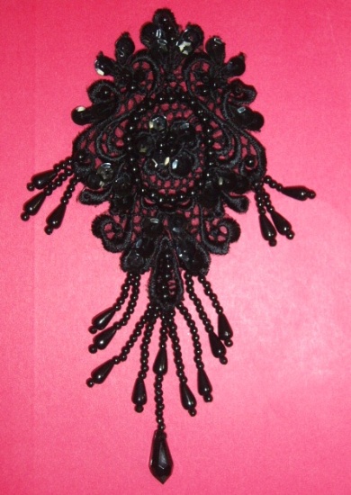0133  Black Dangle Sequin Beaded Venise Lace Applique 6.5"