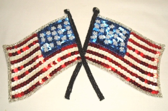 K13   Partiotic Double American Flag Sequin Beaded Applique 9.5"