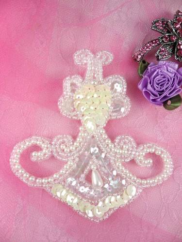 AFSV37 Antique White AB Sequin Pearl Beaded Applique  3.75"