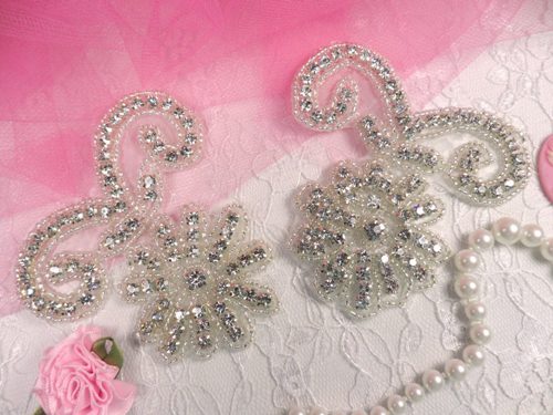 AJB8D Crystal Clear Silver Beaded Mirror Pair Rhinestone Appliques 3"
