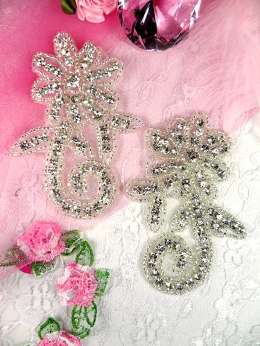 AJB8B Crystal Clear Silver Beaded Mirror Pair Rhinestone Appliques 3.5"