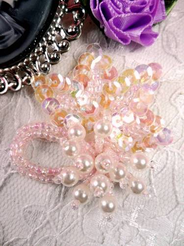 AT8634 Pink Crystal AB Dangle Floral Beaded Sequin Applique 2"