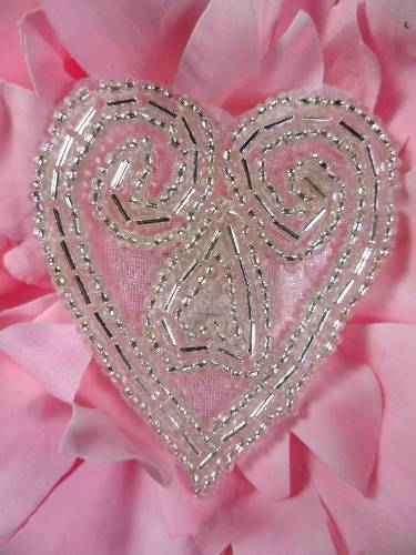 ACT/XR103/A  Heart Silver Beaded Applique 2.5"