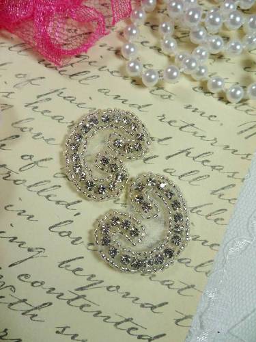 AXR105B Set of ( 2 ) Curled Crystal Clear Silver Beaded Rhinestone Appliques 1.25"