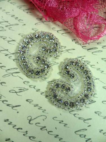 AXR105B Set of ( 2 ) Curled Crystal Clear Silver Beaded Rhinestone Appliques 1.25"
