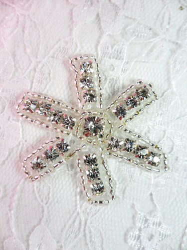 AXR66C Crystal Clear Silver Beaded Rhinestone Applique 1.75"