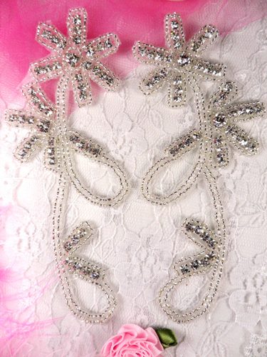 AXR66D Crystal Clear Silver Beaded Rhinestone Appliques Mirror Pair Floral 5.5"