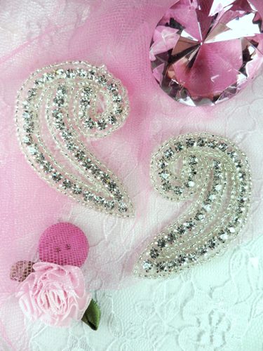 AXR68 Curl Crystal Clear Silver Beaded Rhinestone Appliques Mirror Pair 3"