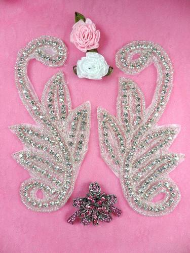 AXR91 Swan Beaded Mirror Pair Crystal Rhinestone Appliques 5.75"