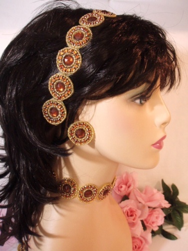 SB0379  Bronze Jewel Gold Beaded Rhinestone Headband