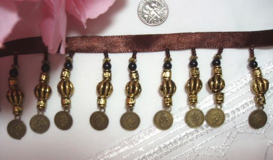 C21  Gold Coin Beaded Fringe Sewing Trim 1.75"