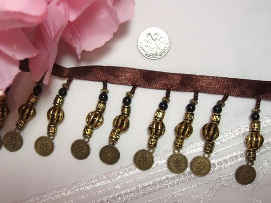 C21  Gold Coin Beaded Fringe Sewing Trim 1.75"