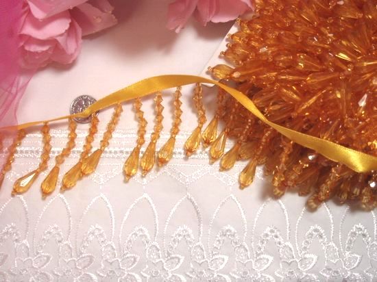 C2  Yellow Gold Teardrop Beaded Fringe Sewing Trim 2"