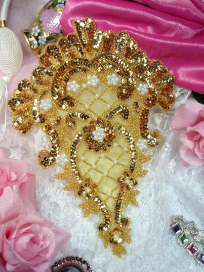 Gold Pearl 10" Victorian Elegance Sequin Beaded Applique