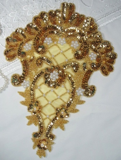 Gold Pearl 10" Victorian Elegance Sequin Beaded Applique