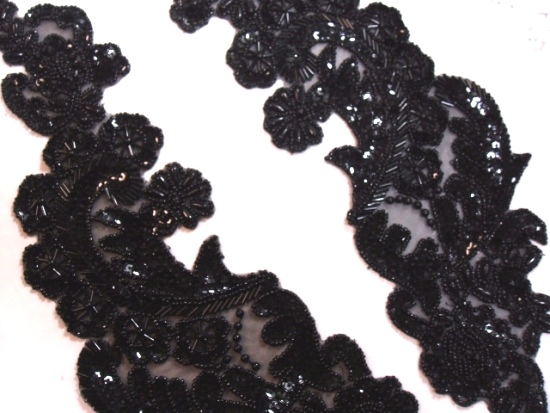 Black Paris Mirror Pair 13" Sequn Beaded Appliques 0049
