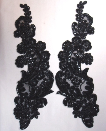 Black Paris Mirror Pair 13" Sequn Beaded Appliques 0049