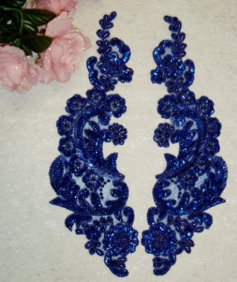 0049 Royal Blue Paris Mirror Pair 13" Sequin Beaded Appliques 0049