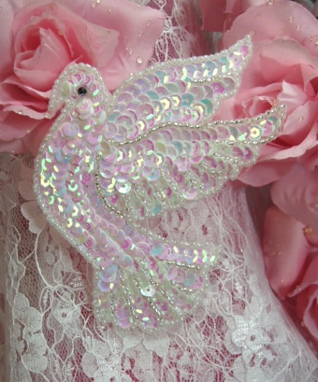 White Dove  4" Sequin Beaded Applique 0101