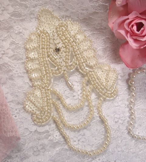 Ivory Victorian Epaulet  7" Sequin Beaded Applique 0080