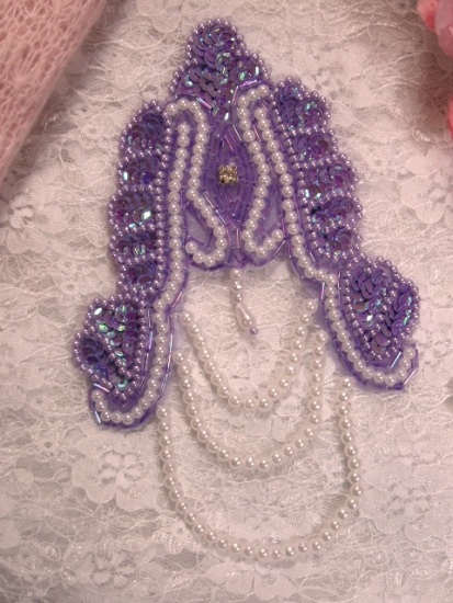 Lavender Victorian Epaulet  7" Sequin Beaded Applique 0080