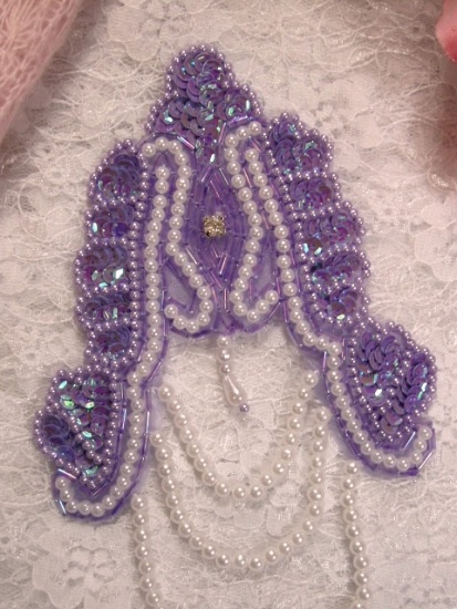 Lavender Victorian Epaulet  7" Sequin Beaded Applique 0080