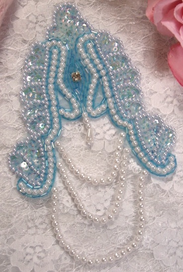 Pastel Blue Victorian  7" Sequin Beaded Applique 0080
