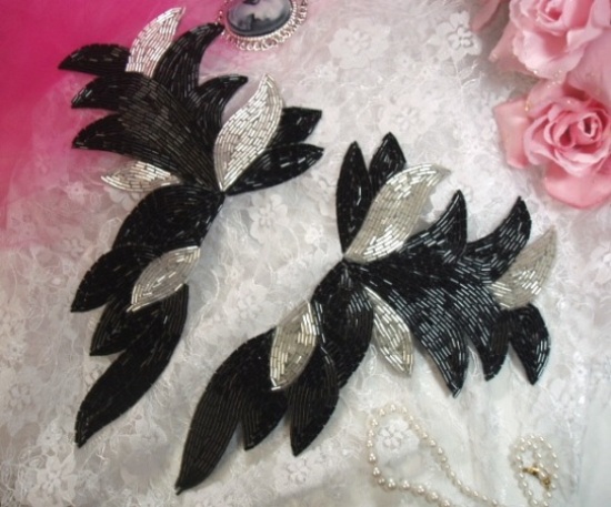 0077 Black Silver Epaulet Mirror Pair Beaded Appliques 9"