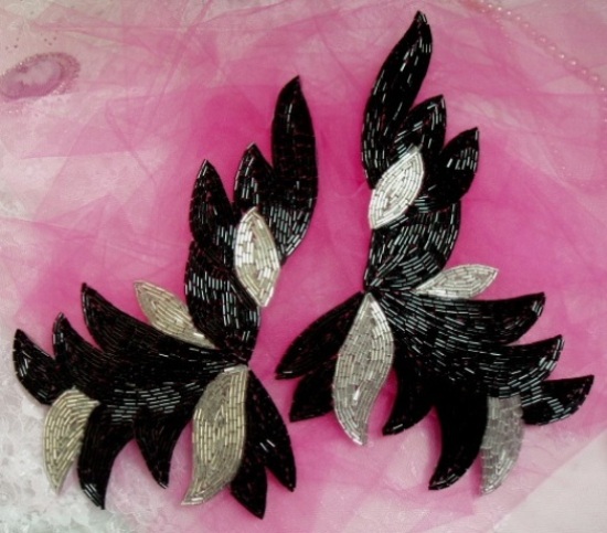 0077 Black Silver Epaulet Mirror Pair Beaded Appliques 9"