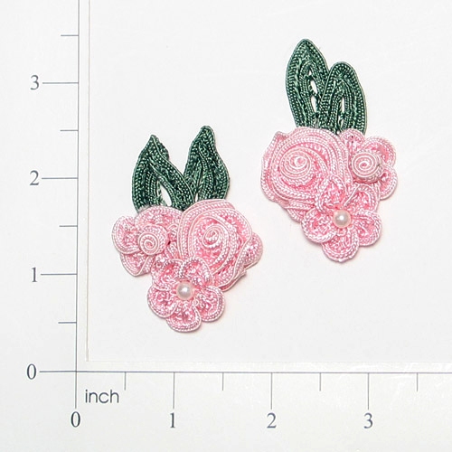 E3604  Pink Crochet Ribbon Floral Applique Pair 2.25"