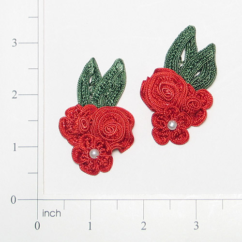 E3604  Red Crochet Ribbon Floral Applique Pair 2.25"