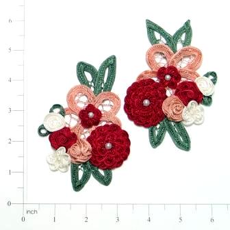 Red Crochet Floral Mirror Pair 4.5" Appliques E3620