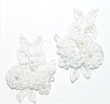 E3620 White Crochet Floral Mirror Pair Appliques 4.5"