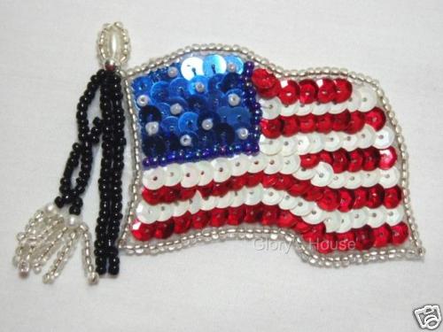KAF3  Patriotic American Flag Sequin Beaded Applique 4"