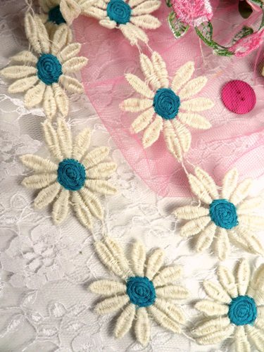 C200 Teal Ivory Daisy Sewing Trim 2"