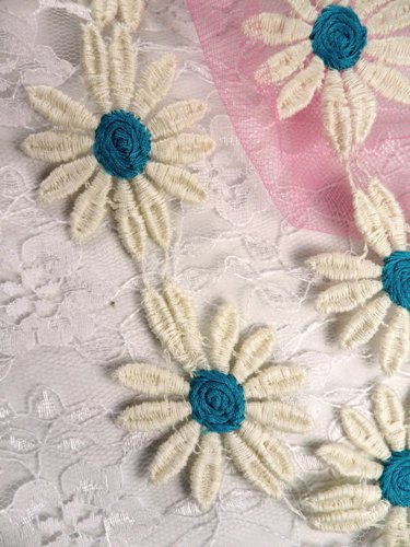 C200 Teal Ivory Daisy Sewing Trim 2"