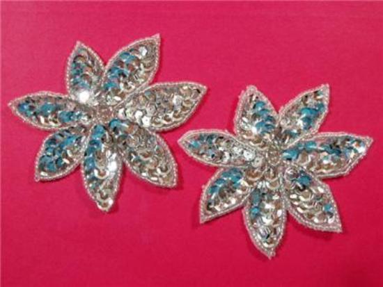 Silver Floral Pair 3.5" Sequin Beaded Appliques  K8139