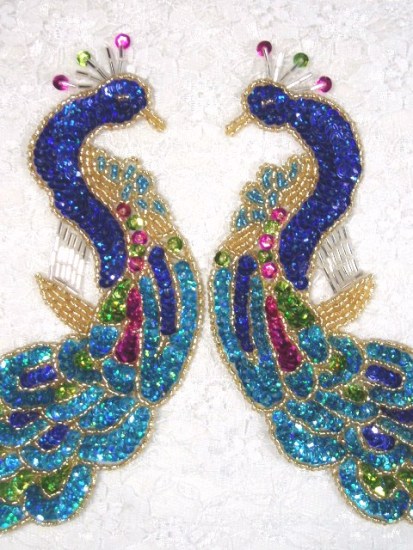 0167  Blue Peacock Mirror Pair Sequin Beaded Appliques