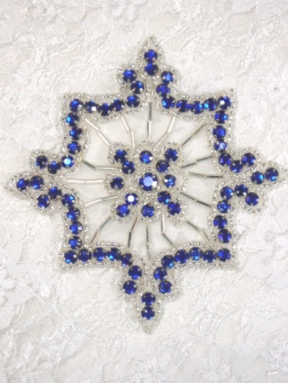 0260  Blue Jewel Silver Beaded Rhinestone Applique 4"