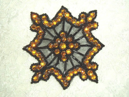 0260  Gold Jewel Black Beaded Rhinestone Applique 4"
