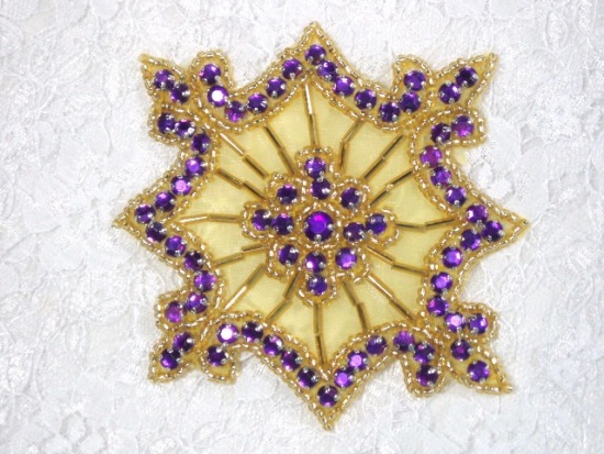 0260  Purple Jewel Gold Beaded Rhinestone  Applique 4"