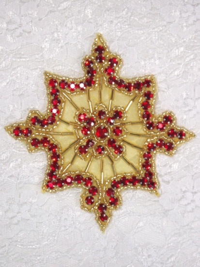 0260  Red Jewel Gold Beaded Rhinestone Applique 4"