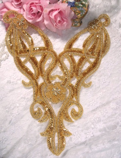 0029 Gold Bodice Sequin Beaded Applique 12"