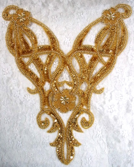 0029 Gold Bodice Sequin Beaded Applique 12"