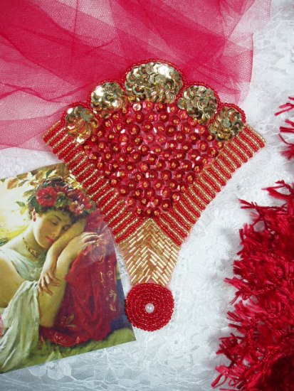 0376  Red/Gold Fan Epaulet Sequin Beaded Applique