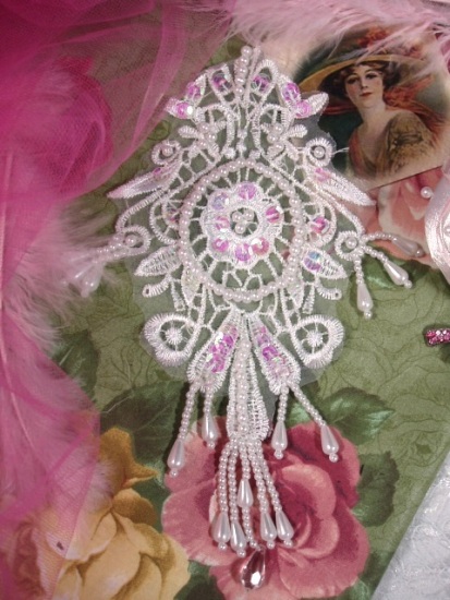 0204 White Venise Lace Sequin Beaded Applique 7.5"